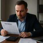Business owner reviewing payroll and cash flow documents as a warning sign of a broken business model