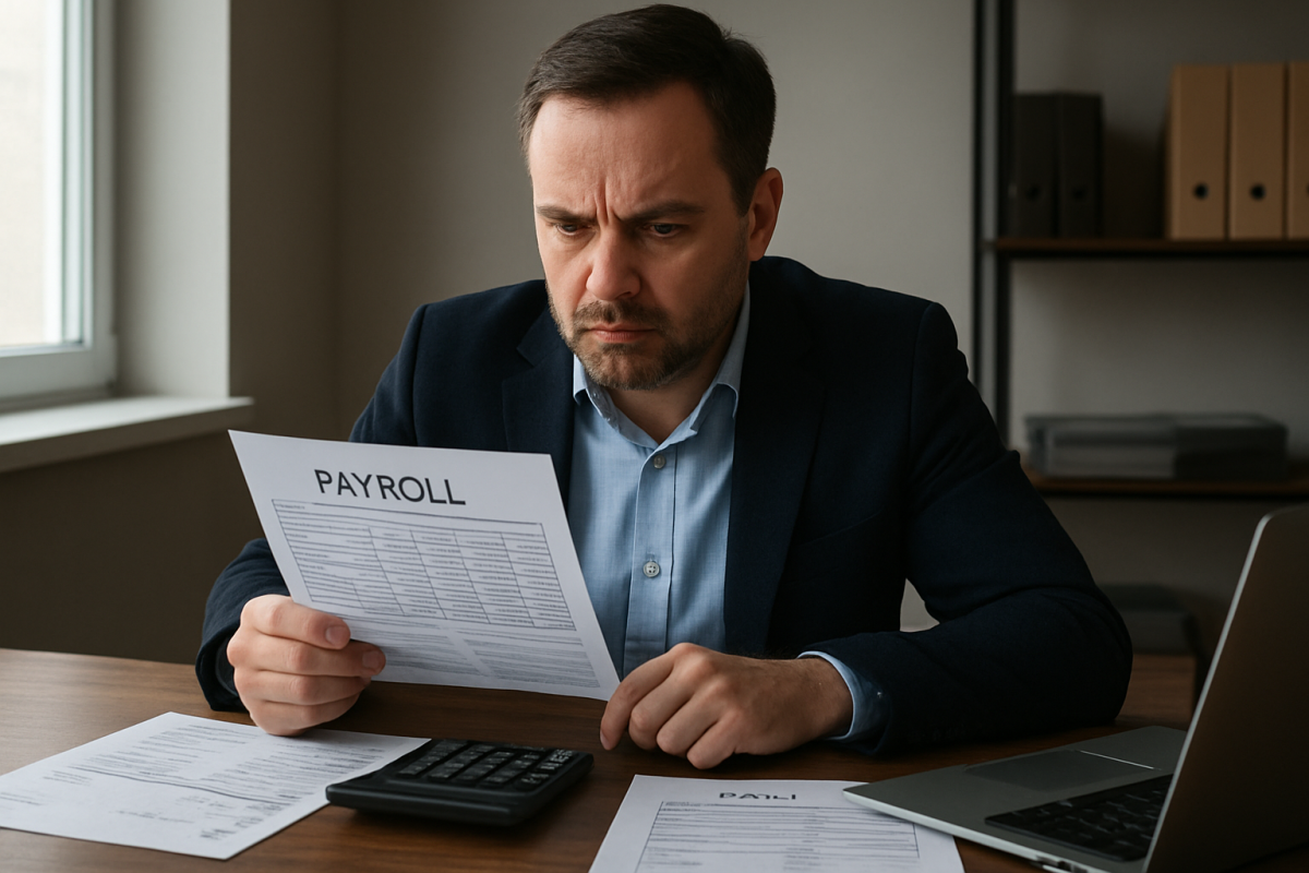 Business owner reviewing payroll and cash flow documents as a warning sign of a broken business model