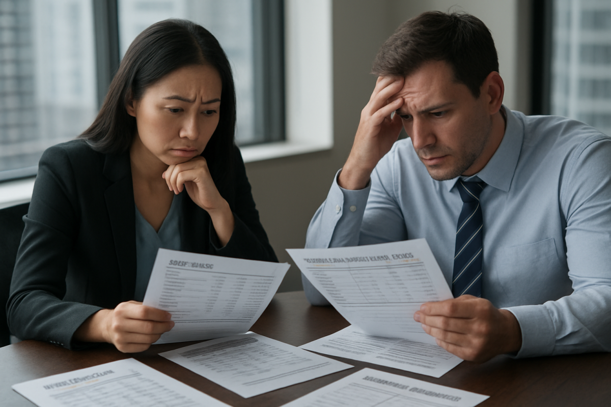 Business owner and controller reviewing cash flow warning signs in an office