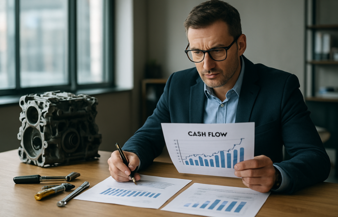 Business owner reviewing cash flow plans beside repair tools as a metaphor for fixing the business model before borrowing