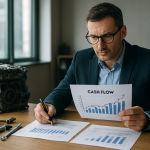 Business owner reviewing cash flow plans beside repair tools as a metaphor for fixing the business model before borrowing