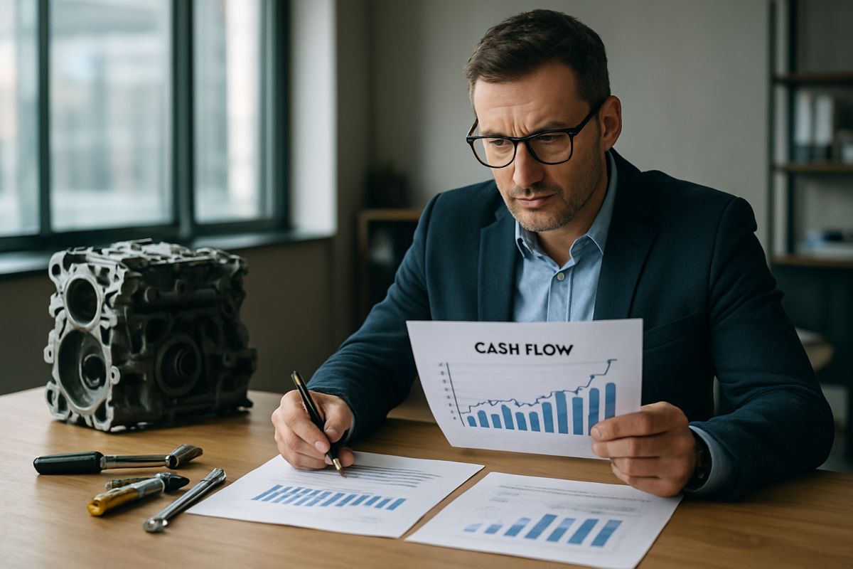 Business owner reviewing cash flow plans beside repair tools as a metaphor for fixing the business model before borrowing